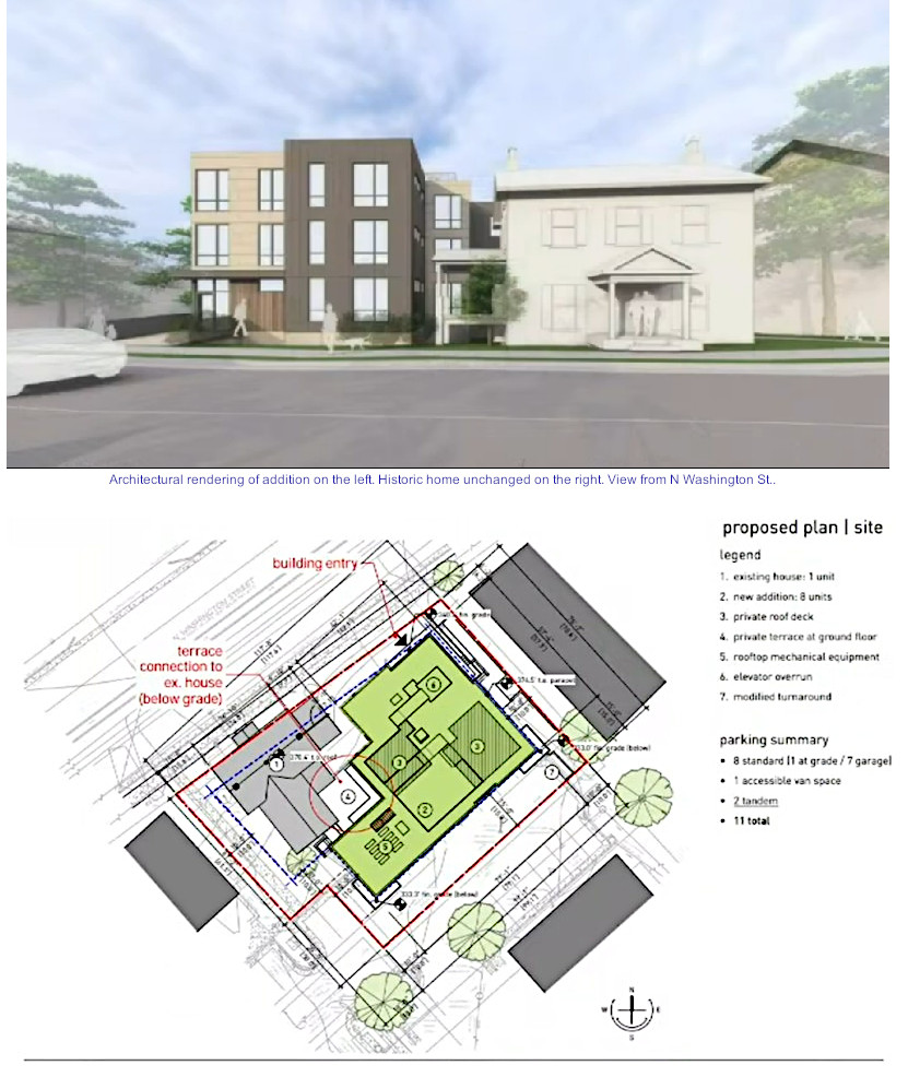 Proposed addition to historic home at 258 N Washington and proposed site plan.