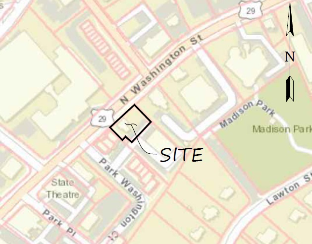 Map of O'Bannon House location in Falls Church City. Historic properties in T-Zone.