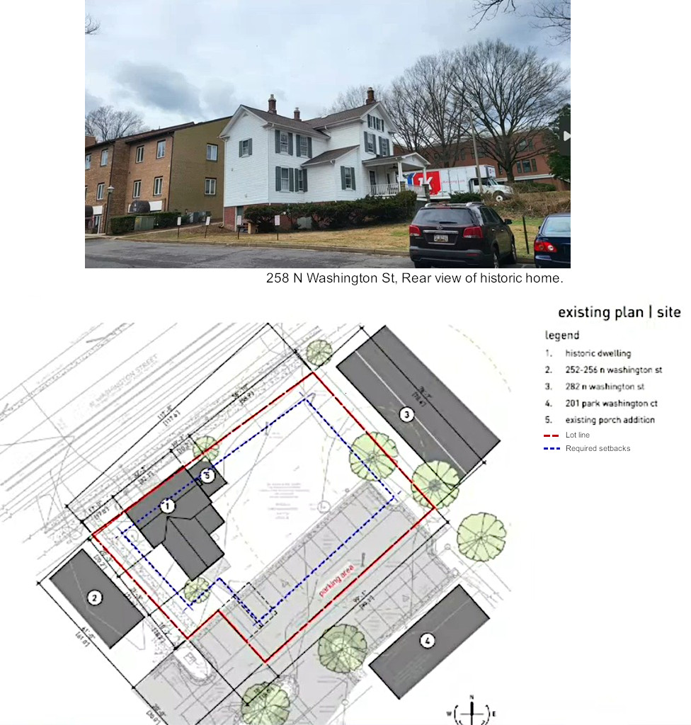 Photo of existing property at 258 N Washington (rear view) and site plan. 