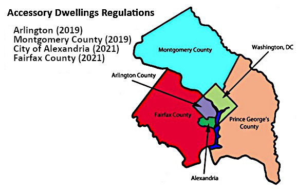 Map of counties in northern VA and dates of accessory dwelling regulations