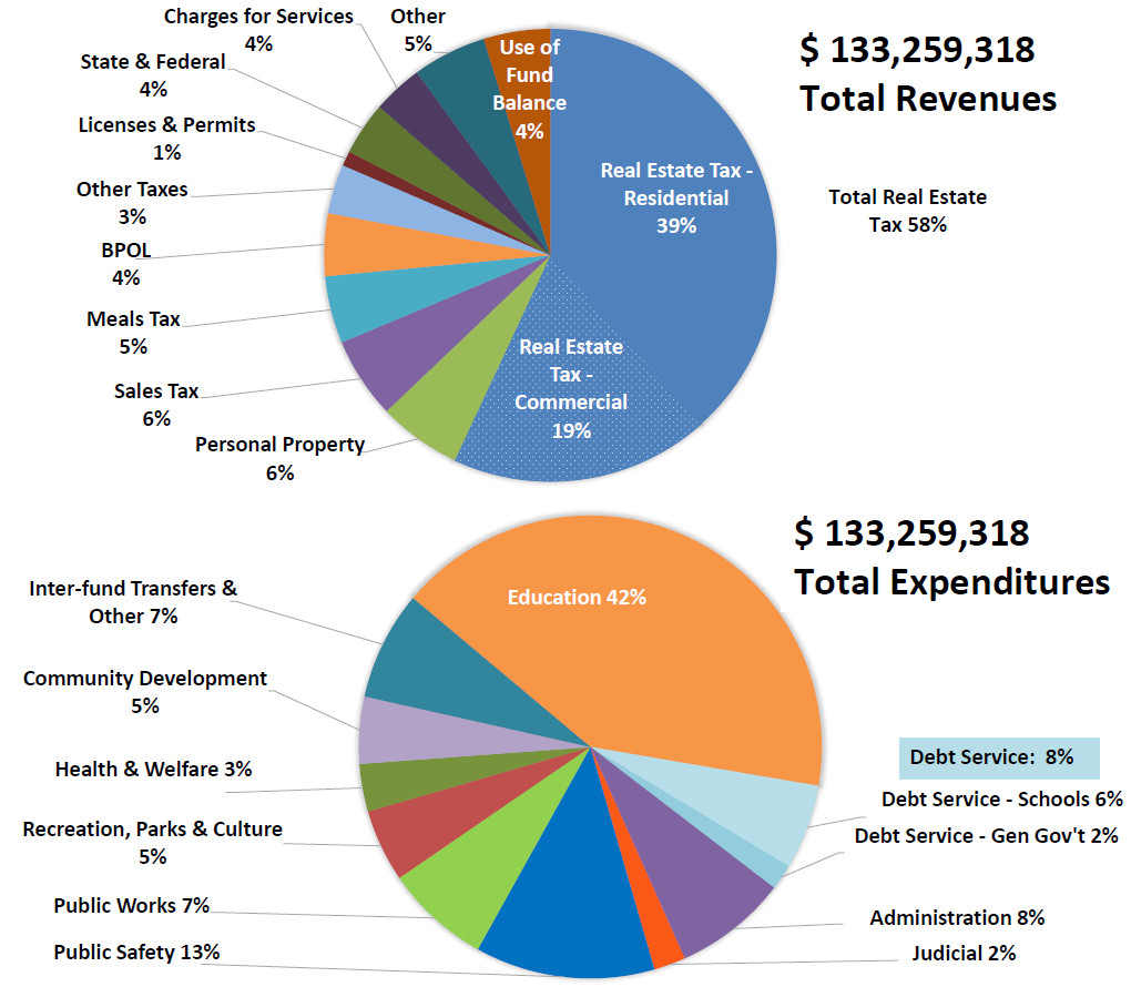 Adopted FY2026 budget revenues and expenditures pie charts