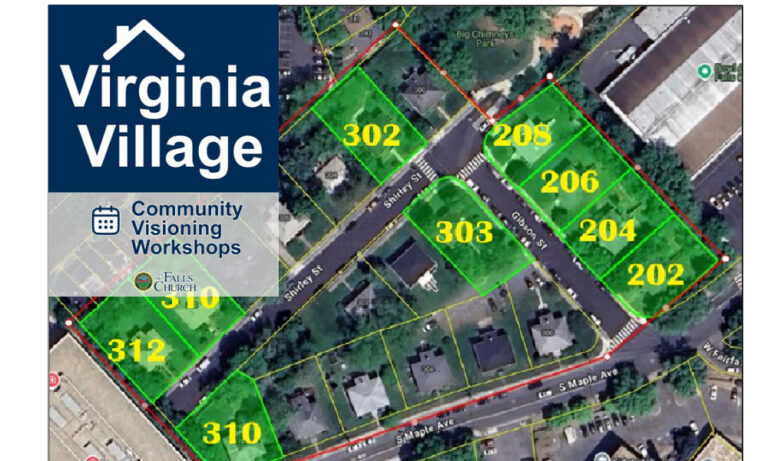 Aerial map of Virginia Village with workshop sign.