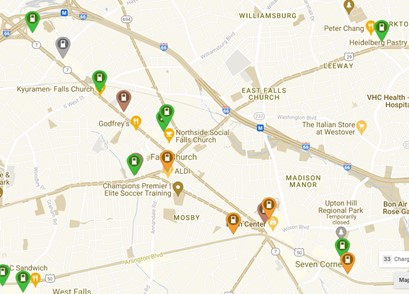 Map of public charging stations in Falls Church