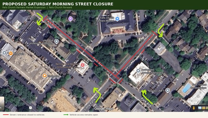 Aerial map showing proposed street closures to expand the farmers market.