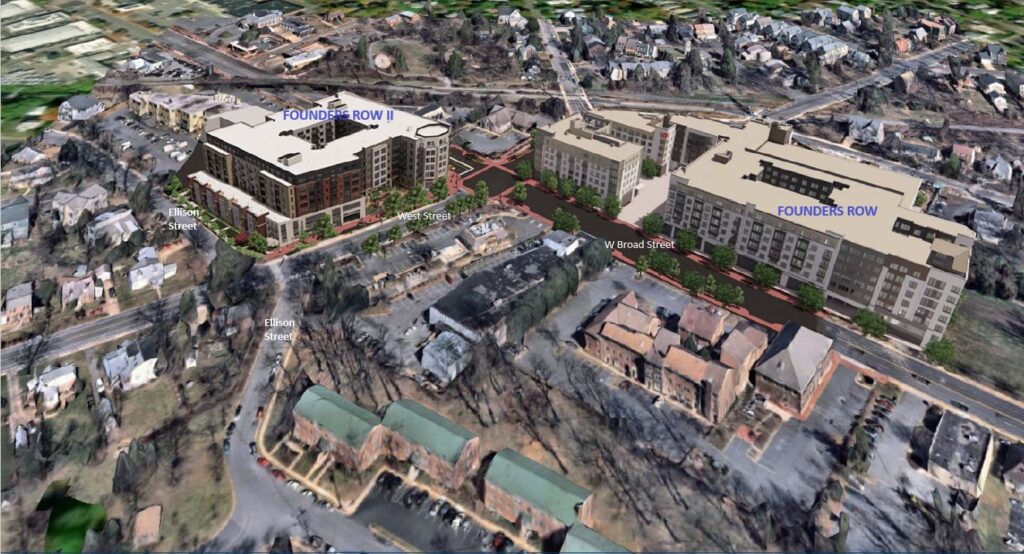 Aerial image of Falls Church City with renditions of Founders Row I and Founders Row II.