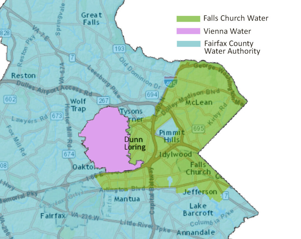 Water Wars era map of service areas for Falls Church Water and Fairfax Water, prior to boundary adjustment.