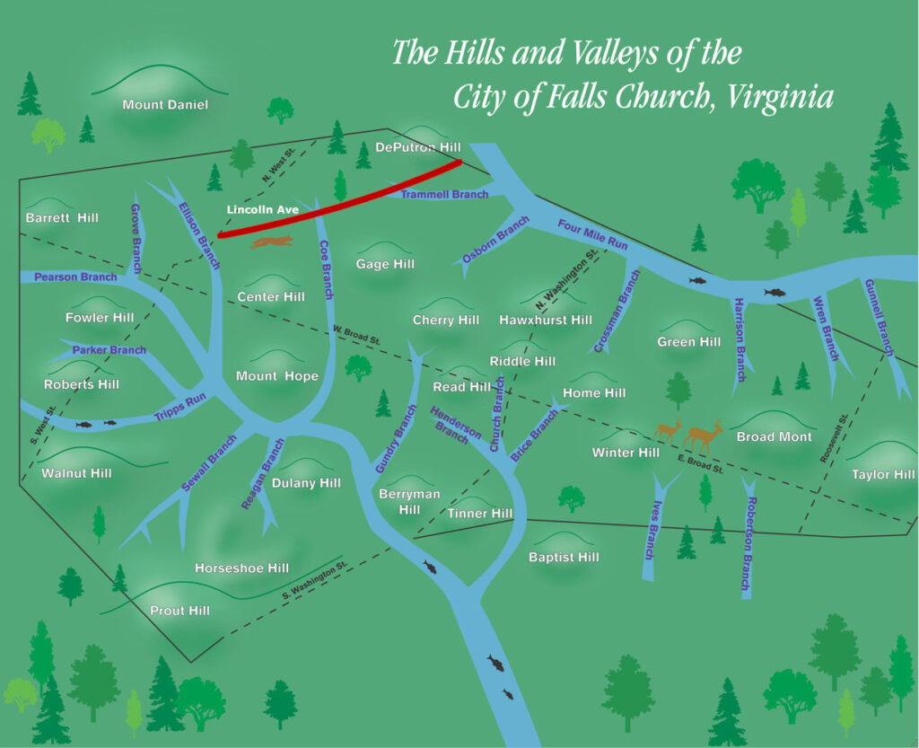 Rudimentary map showing hills, valleys and streams of Falls Church - VPIS image