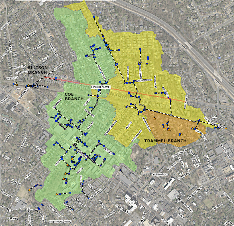 Map of watersheds and storm drains in the Lincoln Avenue area of Falls Church