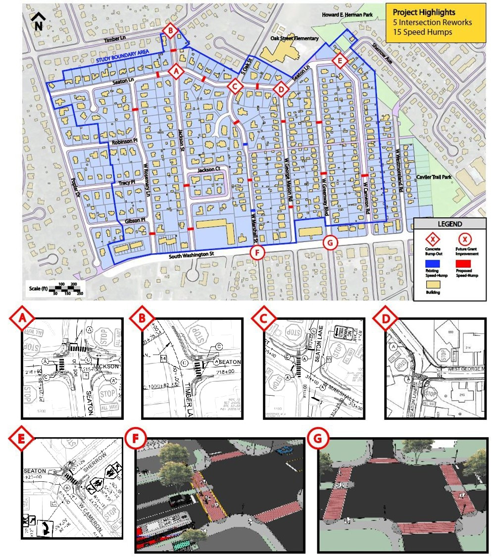 Map showing the location of speedhumps and bump outs for the Greenway Downs neighborhood.