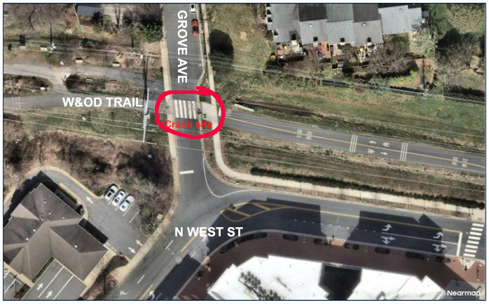 Grove Avenue W&OD trail crossing aerial map.