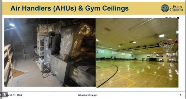 Photo of the HVAC equipment in the ceiling of the Community Center gym.