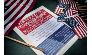 Independence day remembrance event poster and flags