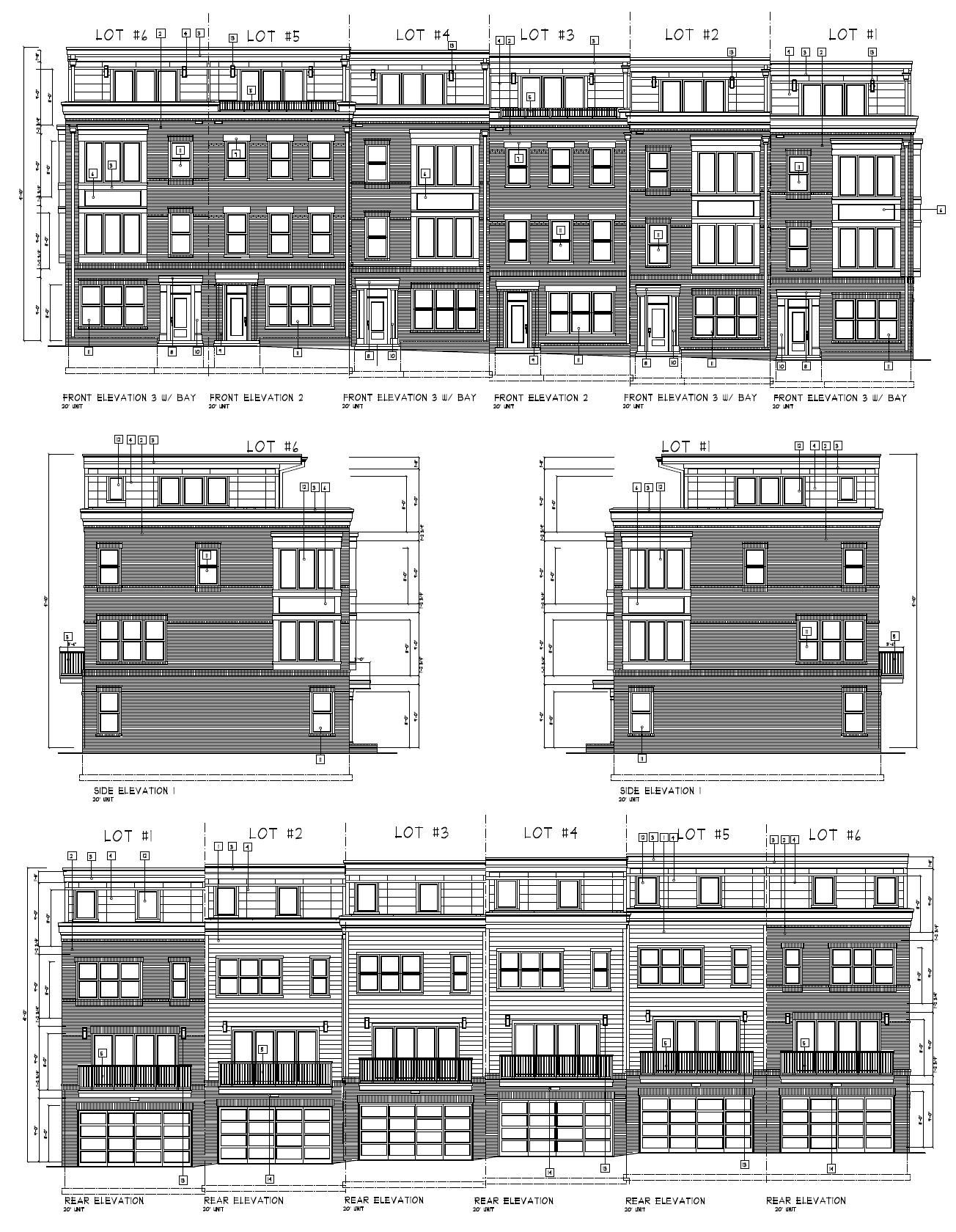 Lee Park townhomes elevations for units 1-6 along Park Avenue.