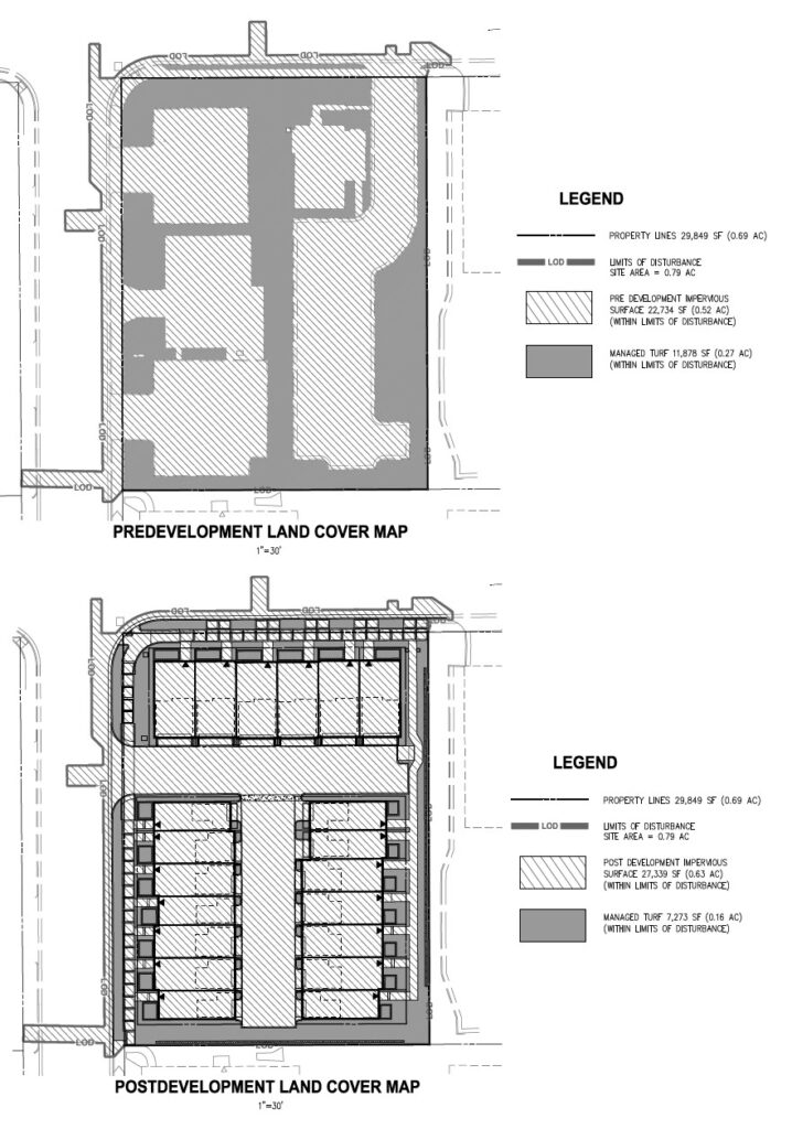 Lee Park impervious cover diagrams from the stormwater site plan.