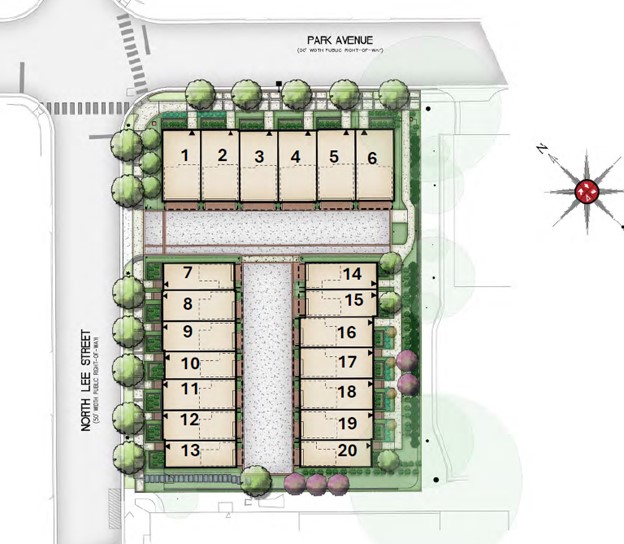 Simplified site plan for the first review of Lee Park Townhomes.