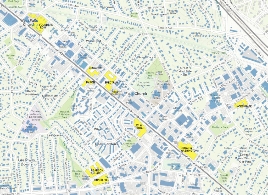 Map showing the location of the mixed use developments in Falls Church City.