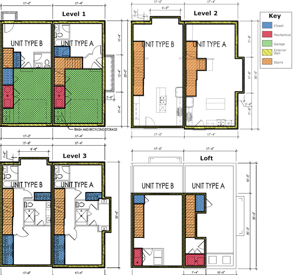 OakPark floor plans of 2 types of units, all 4 levels.
