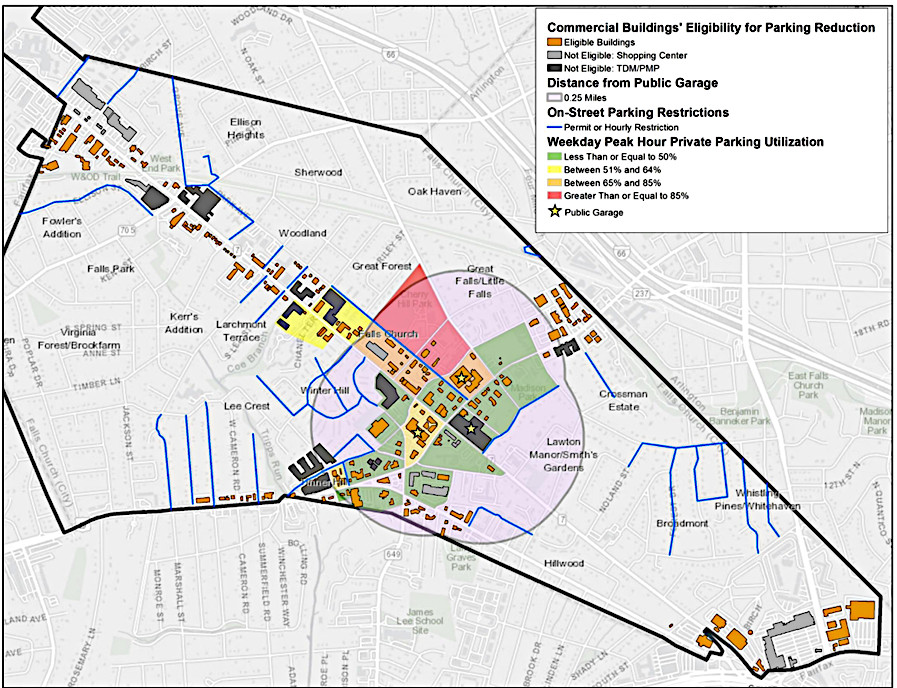 Parking reductions 225 eligible buildings map at July 15, 2024, hearing.