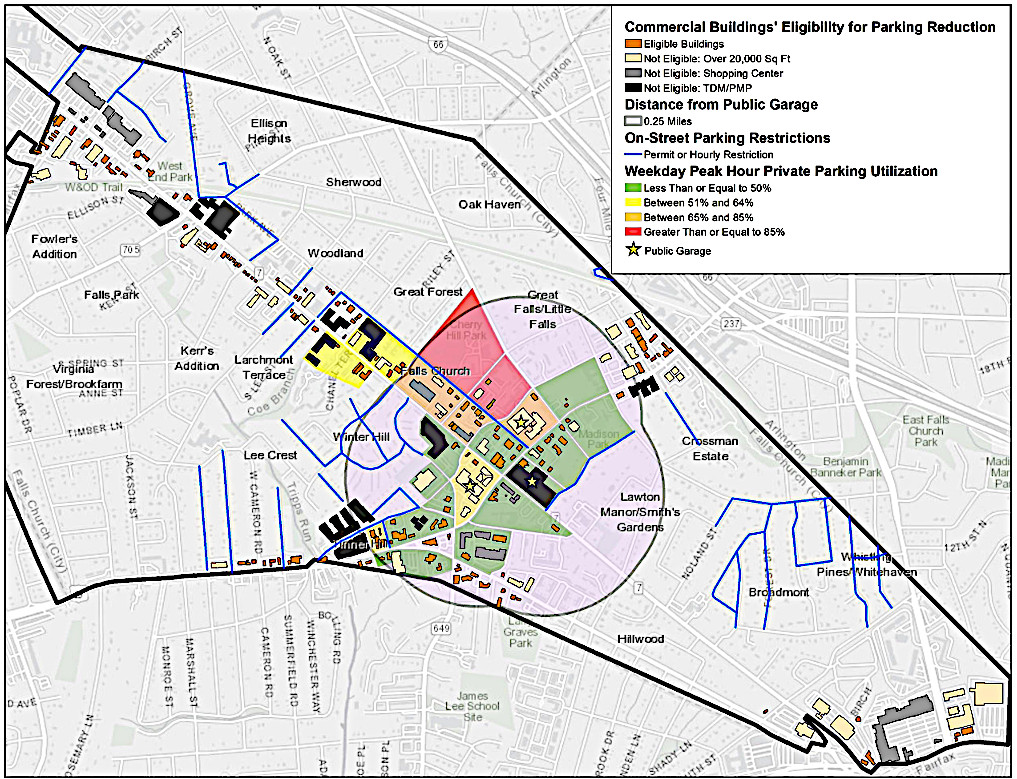 Parking reductions map of 185 eligible buildings less that 20,000sf, shown at August 7 PC meeting.