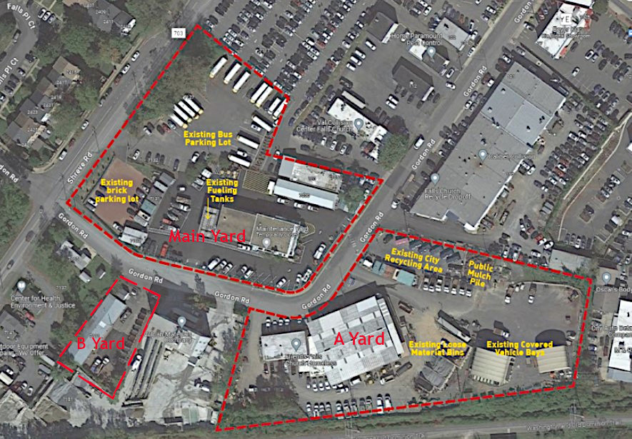 Aerial map of property yard on Gordon Road in Falls Church.