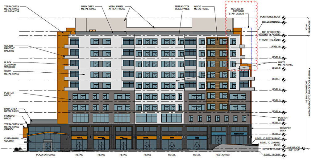 Quinn Homestretch east elevation showing stepback above the 7th floor.