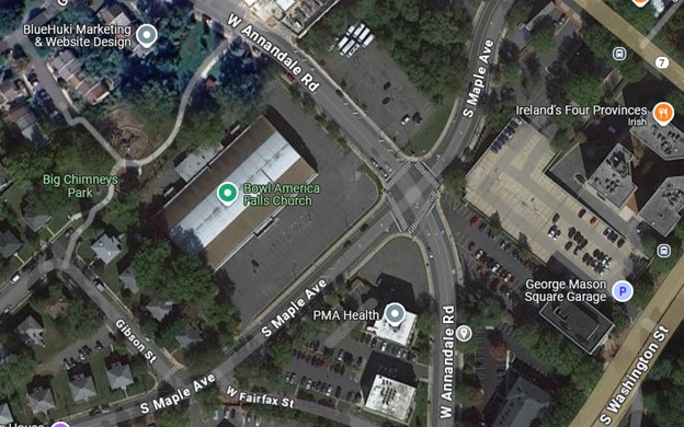 Aerial map of S Maple Ave adn W Annandale Rd intersection - location of the new roundabout.