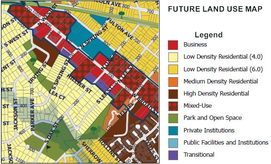 Rezoning area for a different land use - detailed map of S Lee and surrounding area.