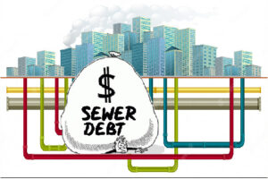 graphic of sewer debt crushing man in the sewer