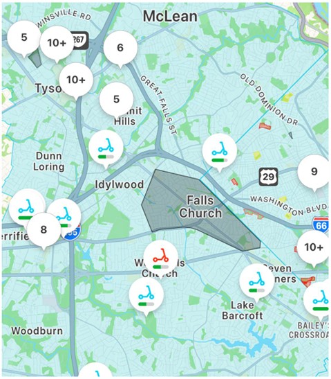 Map of BIRD shared mobility devices operating area.