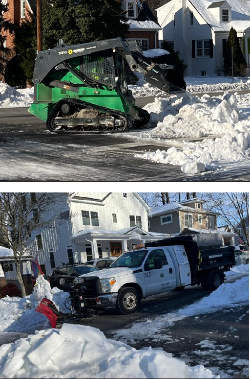 Snowplow and front loader working to clear the road after the 2026 snowstorm.