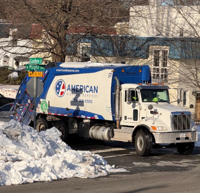 First trash pickup after the 2026 snowstorm. Photo of trash truck.