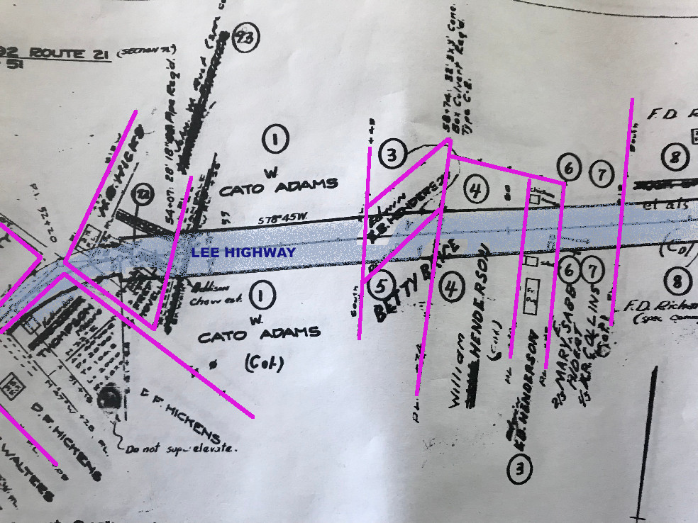 Old engineering map section showing Lee Highway cutting through Henderson, Brice, others' properties.