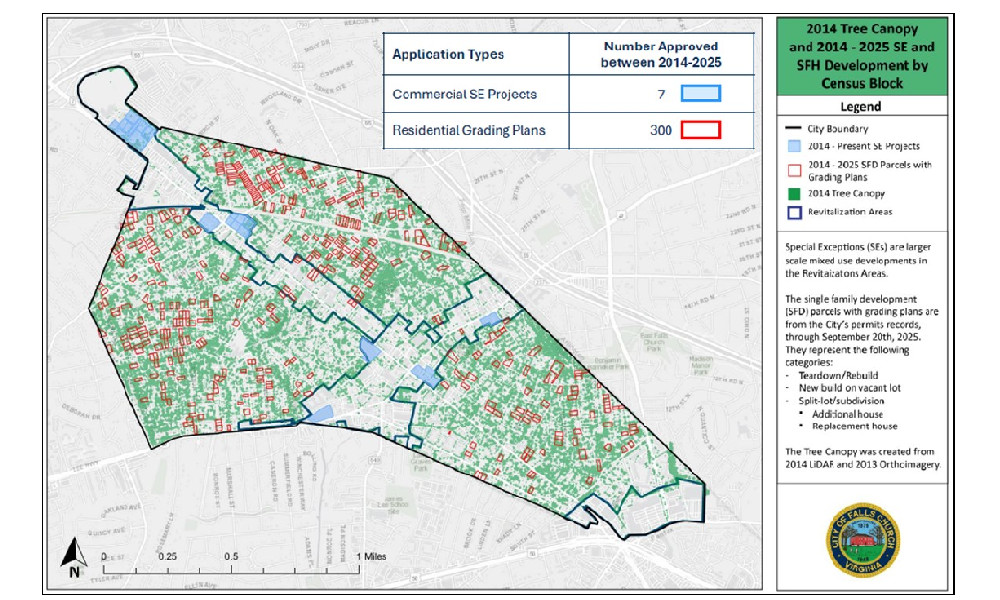 Map showing tree canopy and development