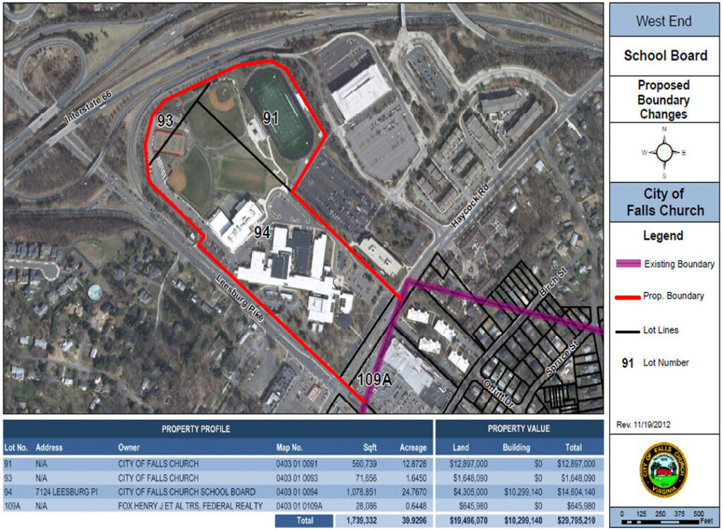 Aerial map 2013 middle and high school parcels west falls boundary change