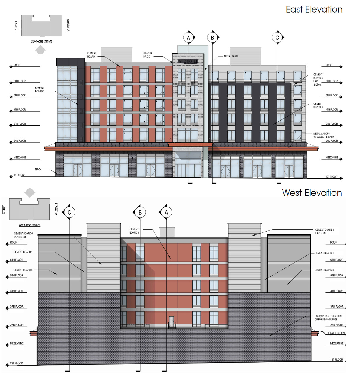 Hotel elevations - east and west