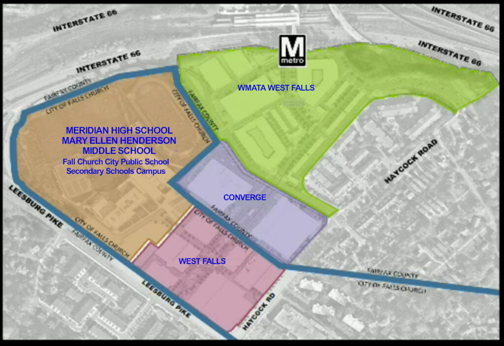 Map of the three developments at West Falls Church in the City of Falls Church and in Fairfax County.