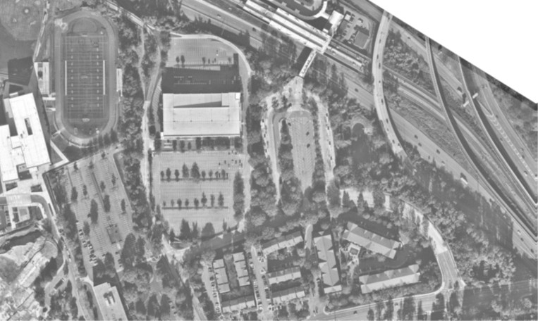 Aerial photo of West Falls Church Metro Station site taken in 2024.
