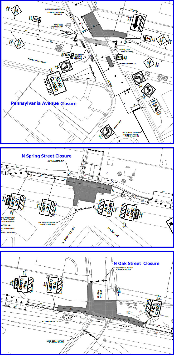 Diagrams showing traffic signs and roadblocks plans for W&OD trail crossings