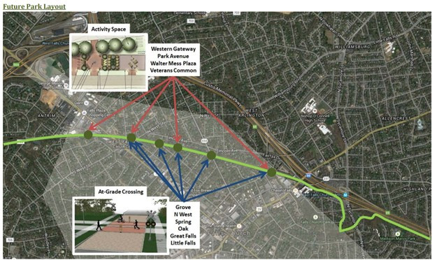 Map of W&OD Trail in Falls Church City with road crossings marked.