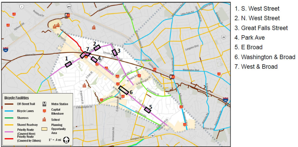 Map showing where options for incorporating bike lanes are listed in this post.